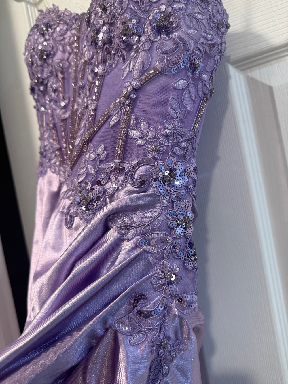 Lavender Beaded Satin Mini Dress - Strapless Evening Style